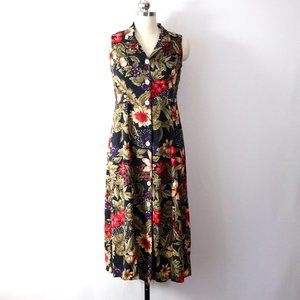 vintage 90s tropical floral sleeveless shirt dress